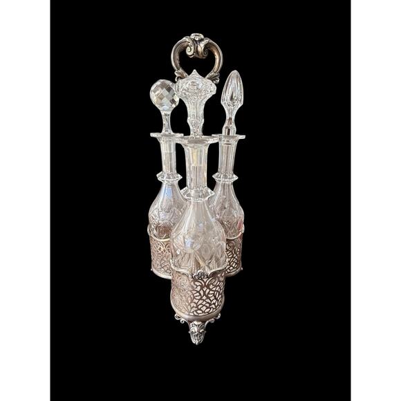 Hawksworth Eyre & Co 3-Bottle Tantalus Crystal Decanters & Silver Plate Stand - Picture 9 of 14